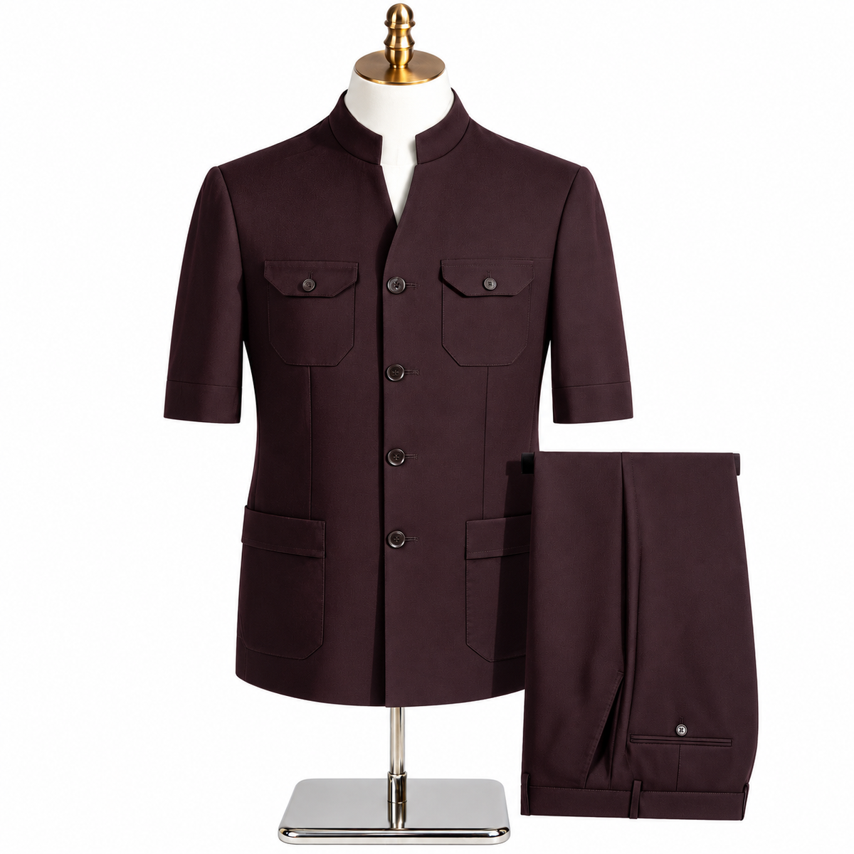 BlackSmart Short Sleeves Safari Suits-Burgundy