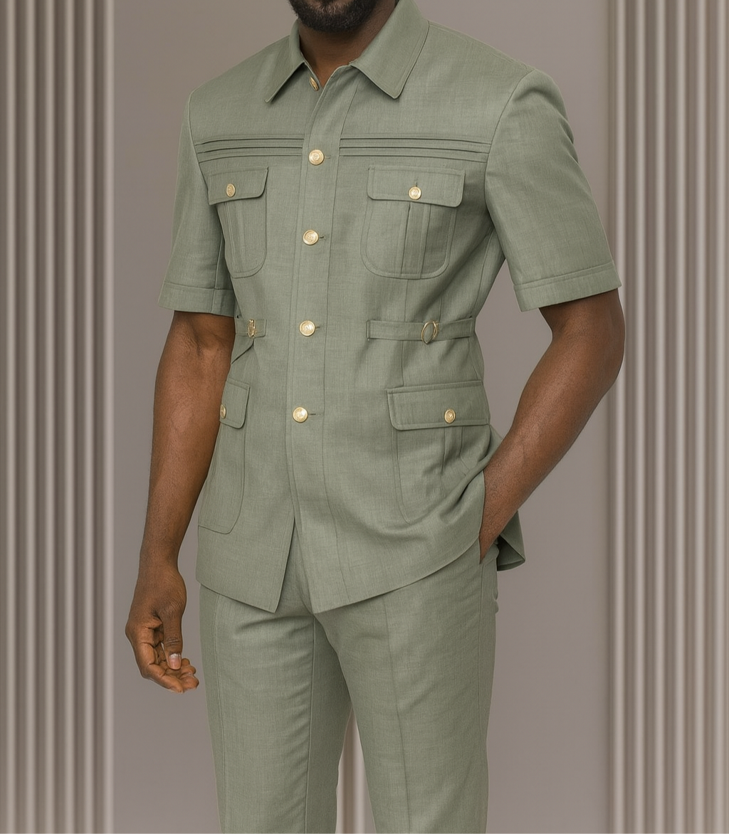 Man wearing a green outfit with a brand logo on a striped background