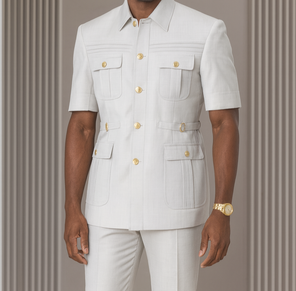 Man wearing a white outfit with gold buttons against a gray background, featuring the brand 'Serena Rivella'.