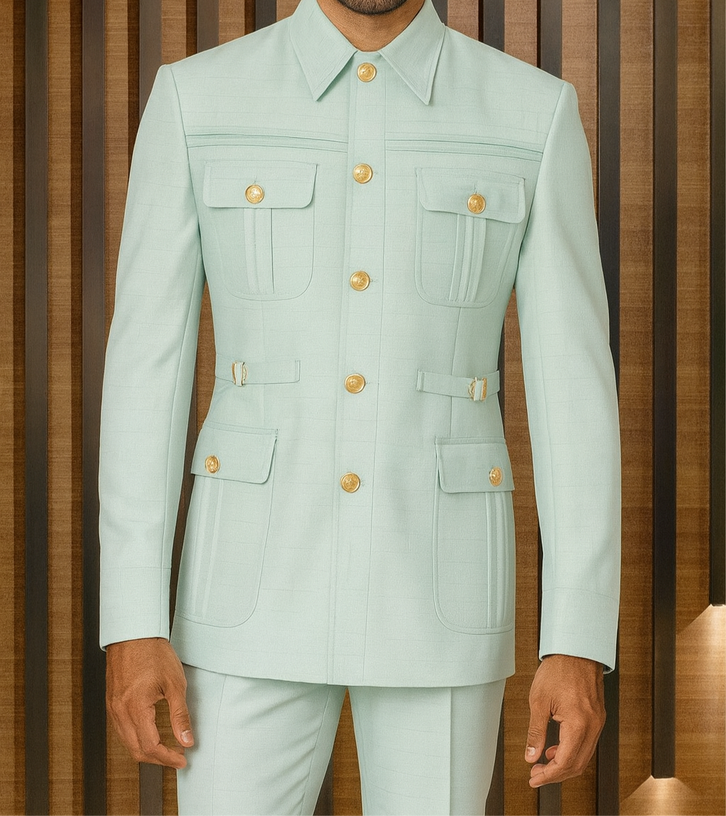Man wearing a light blue suit with gold buttons against a striped brown background