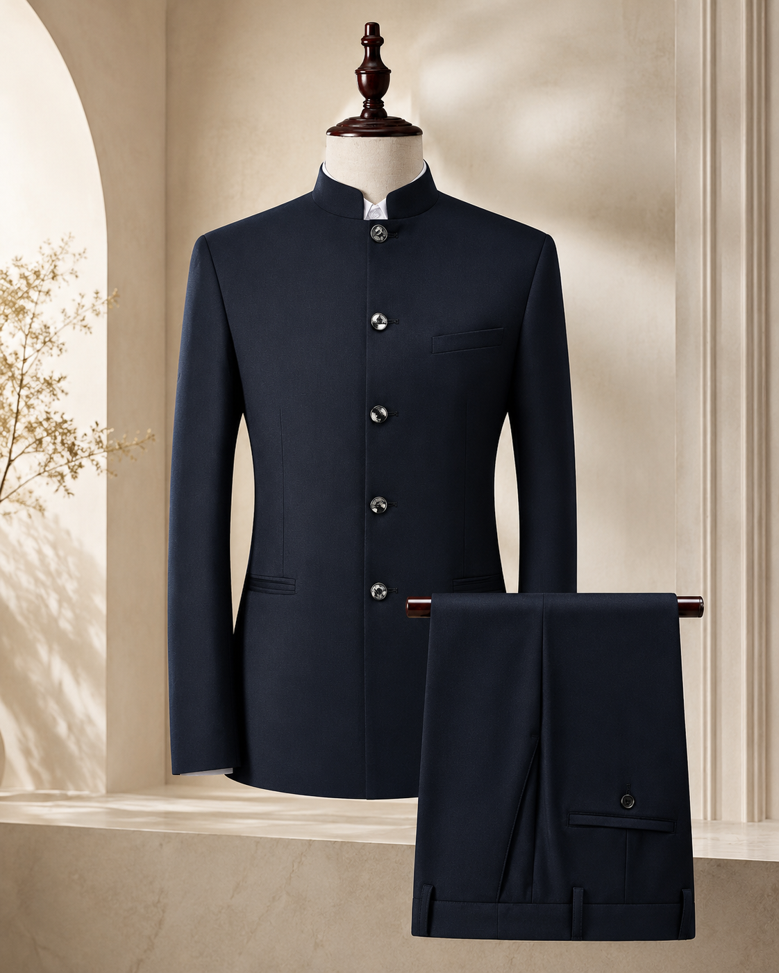 Japanese Style Round Neck Safari Suit- Navy Blue Colour
