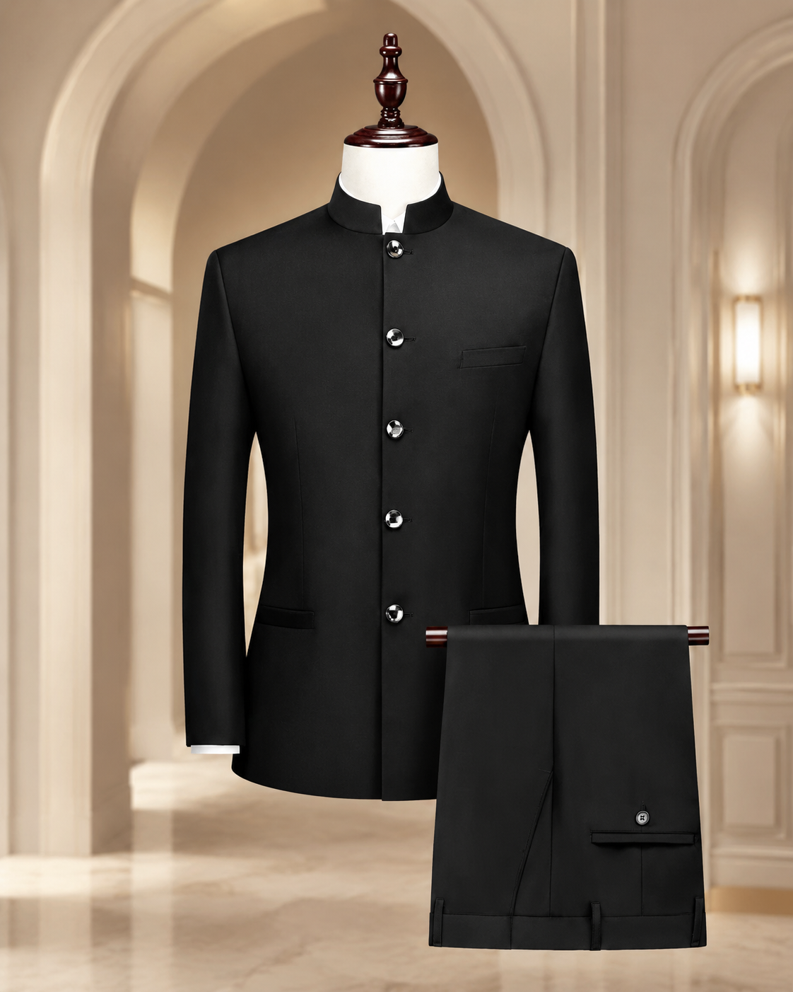 Japanese Style Round Neck Safari Suit- Black Colour
