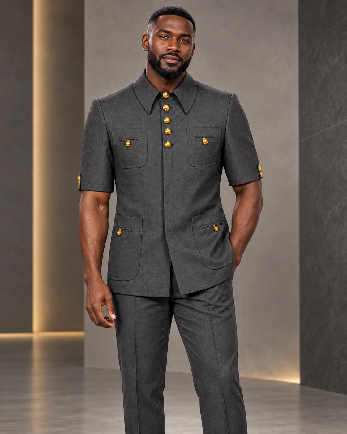 Grey New Sovereign Short Sleeves Safari Suit