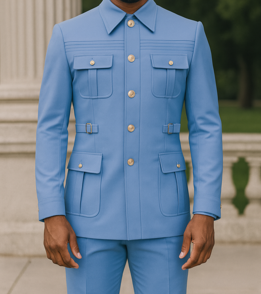 Man wearing a blue suit standing outdoors with classical architecture in the background