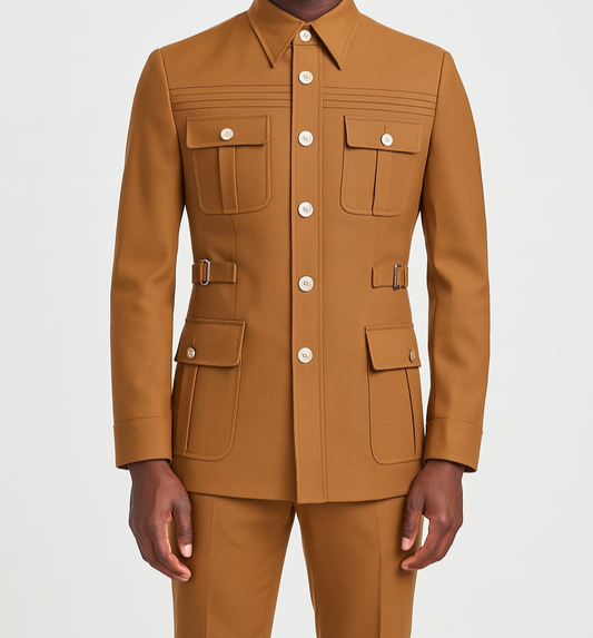 Man wearing a brown jacket and pants on a white background