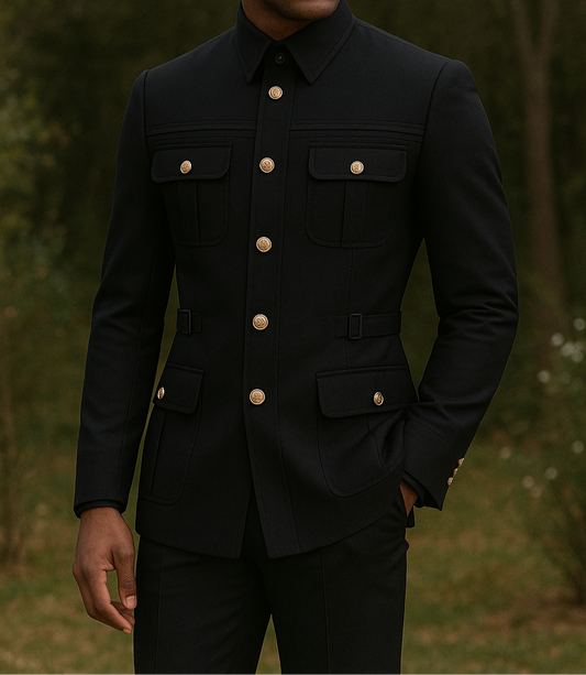 Man wearing a black jacket with gold buttons standing in a forest setting