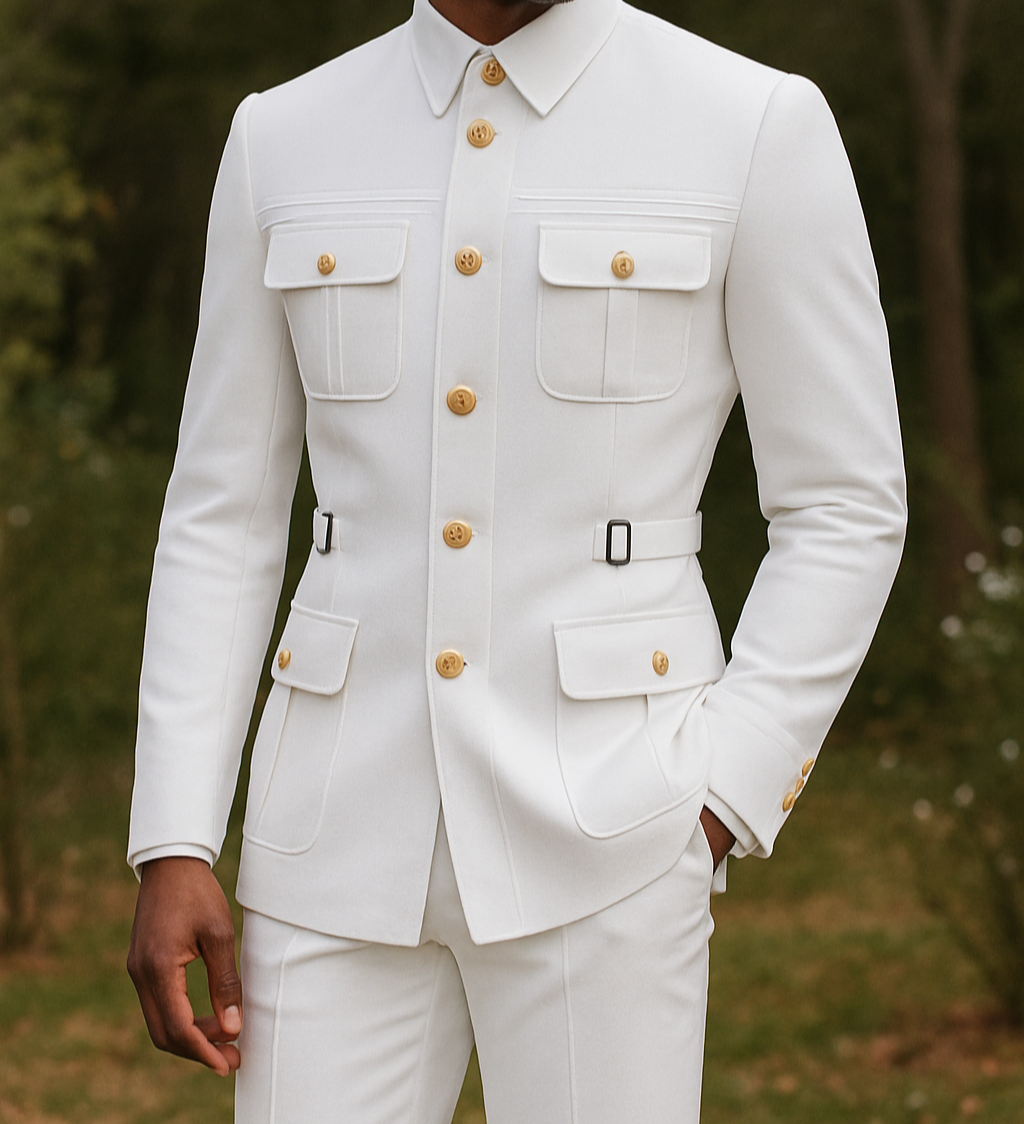 Man wearing a white suit with gold buttons outdoors