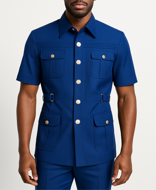 Man wearing a blue short-sleeve shirt with white buttons on a white background