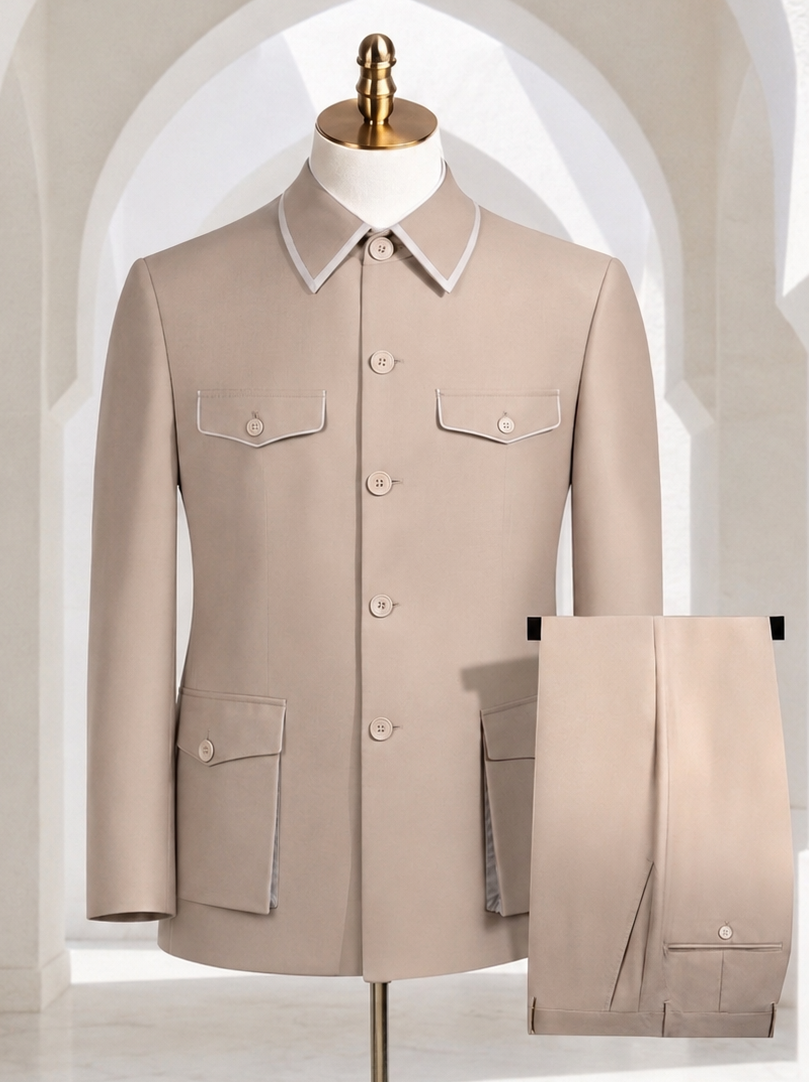 A beige men's suit set displayed on a mannequin, featuring a long-sleeve button-front jacket with a pointed collar and flap pockets, paired with matching trousers folded beside it. The mannequin stands in a bright, white arched interior.