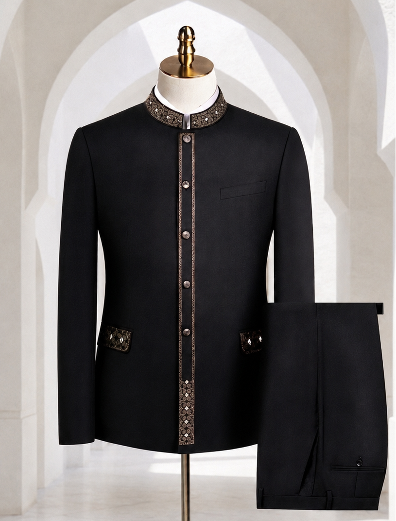 A black Mandarin Collar Suit on a Mannequin 