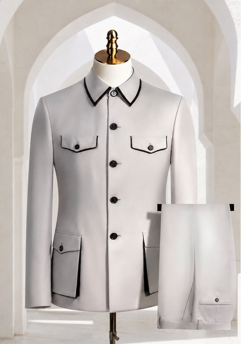 A light gray suit jacket displayed on a mannequin stand, paired with matching trousers shown folded on the right. The jacket has black piping trim on the collar, front buttons, and pocket edges, set against a bright, arched interior background.