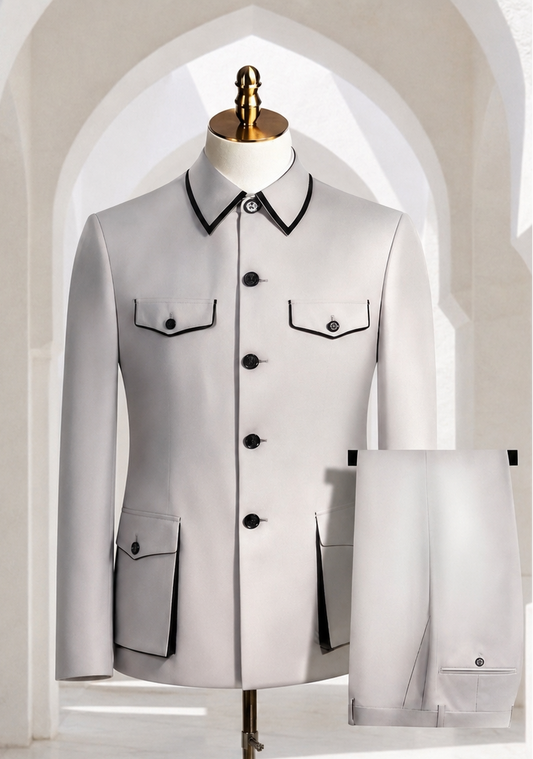 A light gray suit jacket displayed on a mannequin stand, paired with matching trousers shown folded on the right. The jacket has black piping trim on the collar, front buttons, and pocket edges, set against a bright, arched interior background.