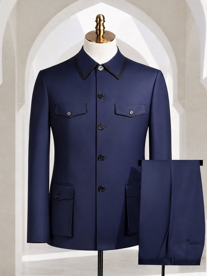A navy blue men's suit set displayed on a mannequin torso, featuring a button-front jacket with flap chest and lower pockets, paired with matching trousers hanging beside it. The mannequin stands in a bright, neutral interior with arched architectural details.