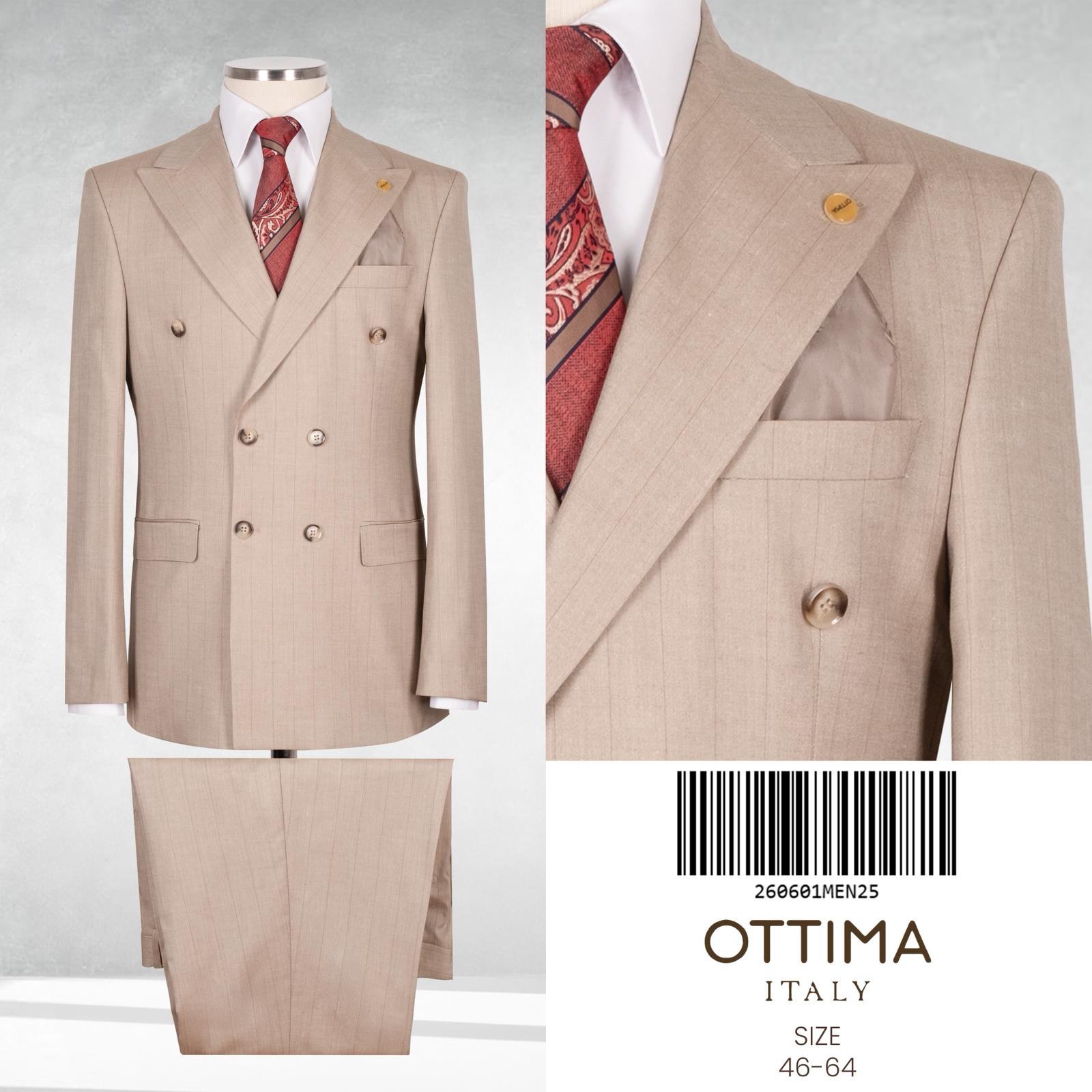 Beige suit with a red tie on a mannequin, featuring the brand 'Ottima Italy'.