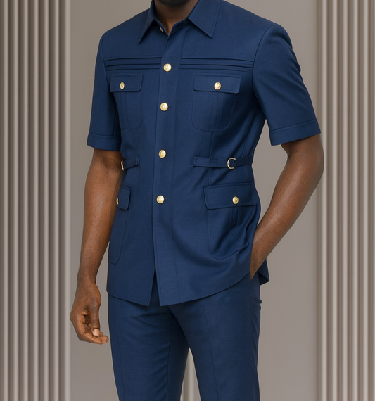 Man wearing a blue outfit with gold buttons against a neutral background