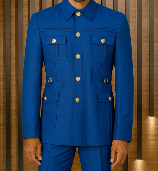 Man wearing a blue suit with gold buttons against a wooden paneled wall.