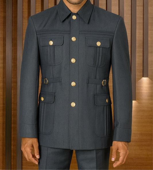 Man wearing a dark blue jacket with gold buttons against a wooden paneled background