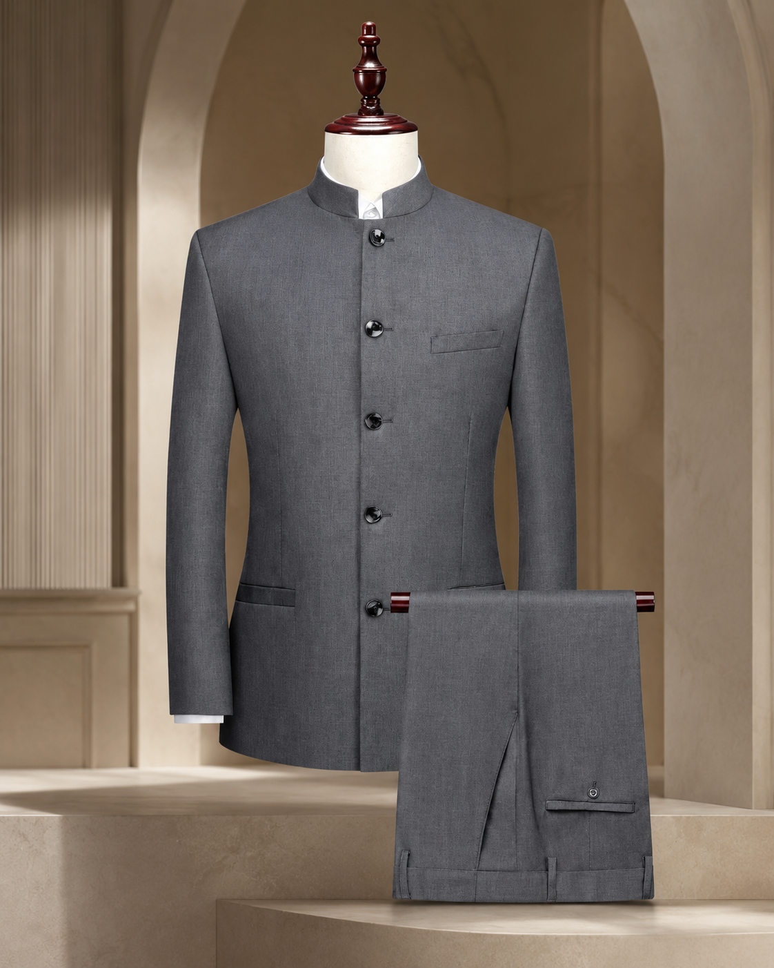Japanese Style Round Neck Safari Suit- Gray Colour
