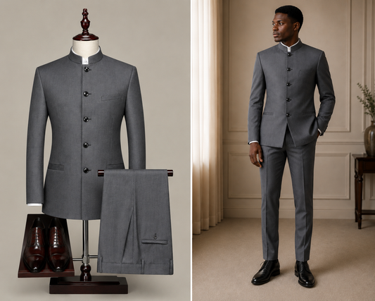 Japanese Style Round Neck Safari Suit- Gray Colour