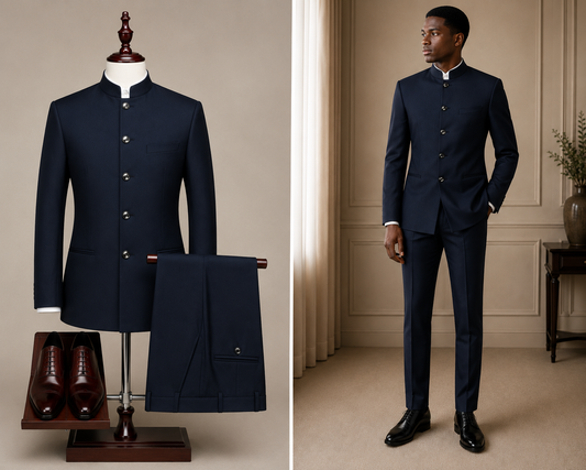 Japanese Style Round Neck Safari Suit- Navy Blue Colour