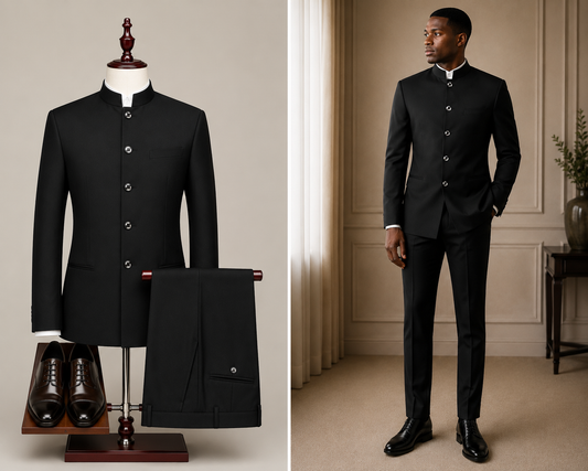 Japanese Style Round Neck Safari Suit- Black Colour