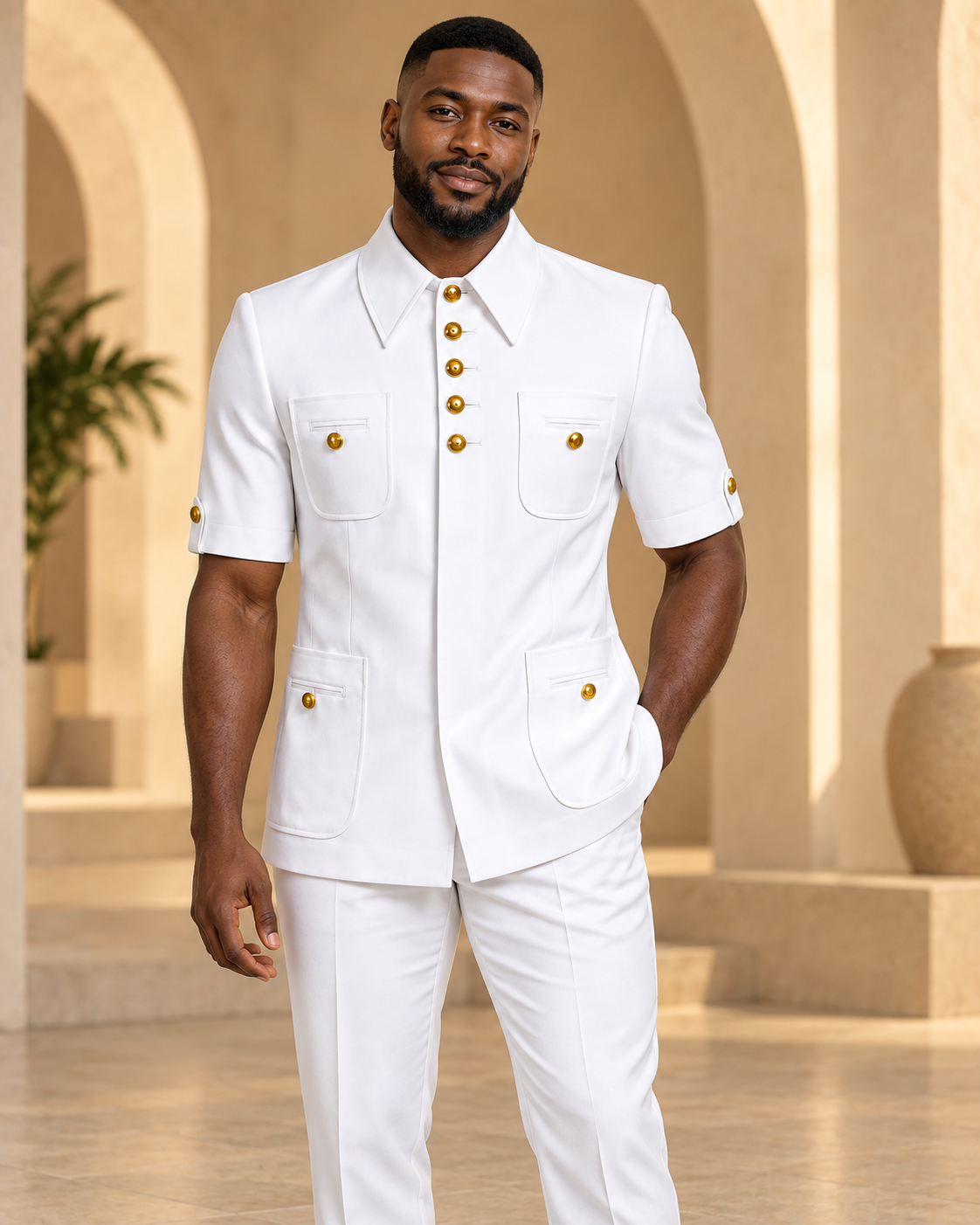 White New Sovereign Short Sleeves Safari Suit