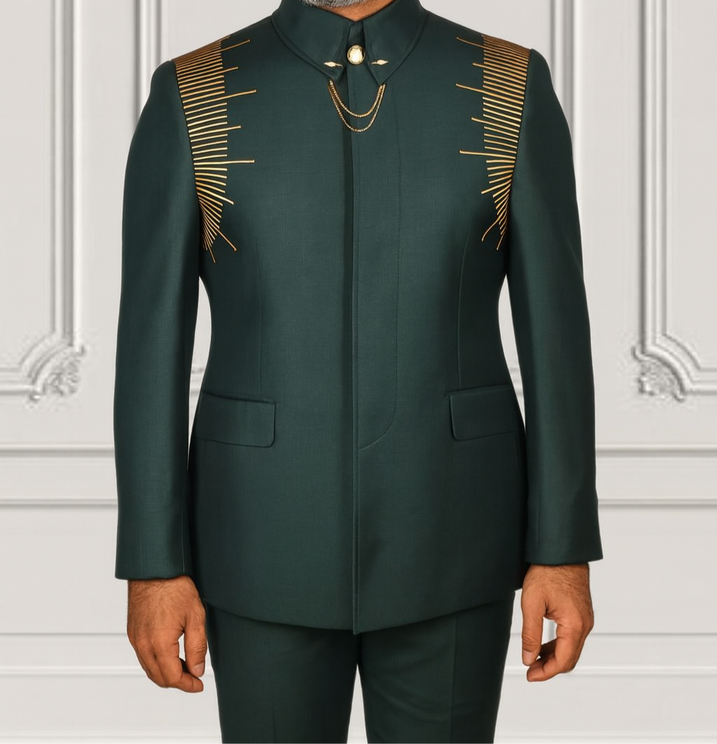 Man wearing a dark green traditional outfit with gold accents against a white wall.