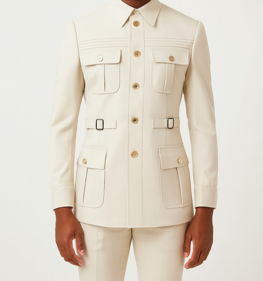 Man wearing a beige safari jacket and pants on a white background