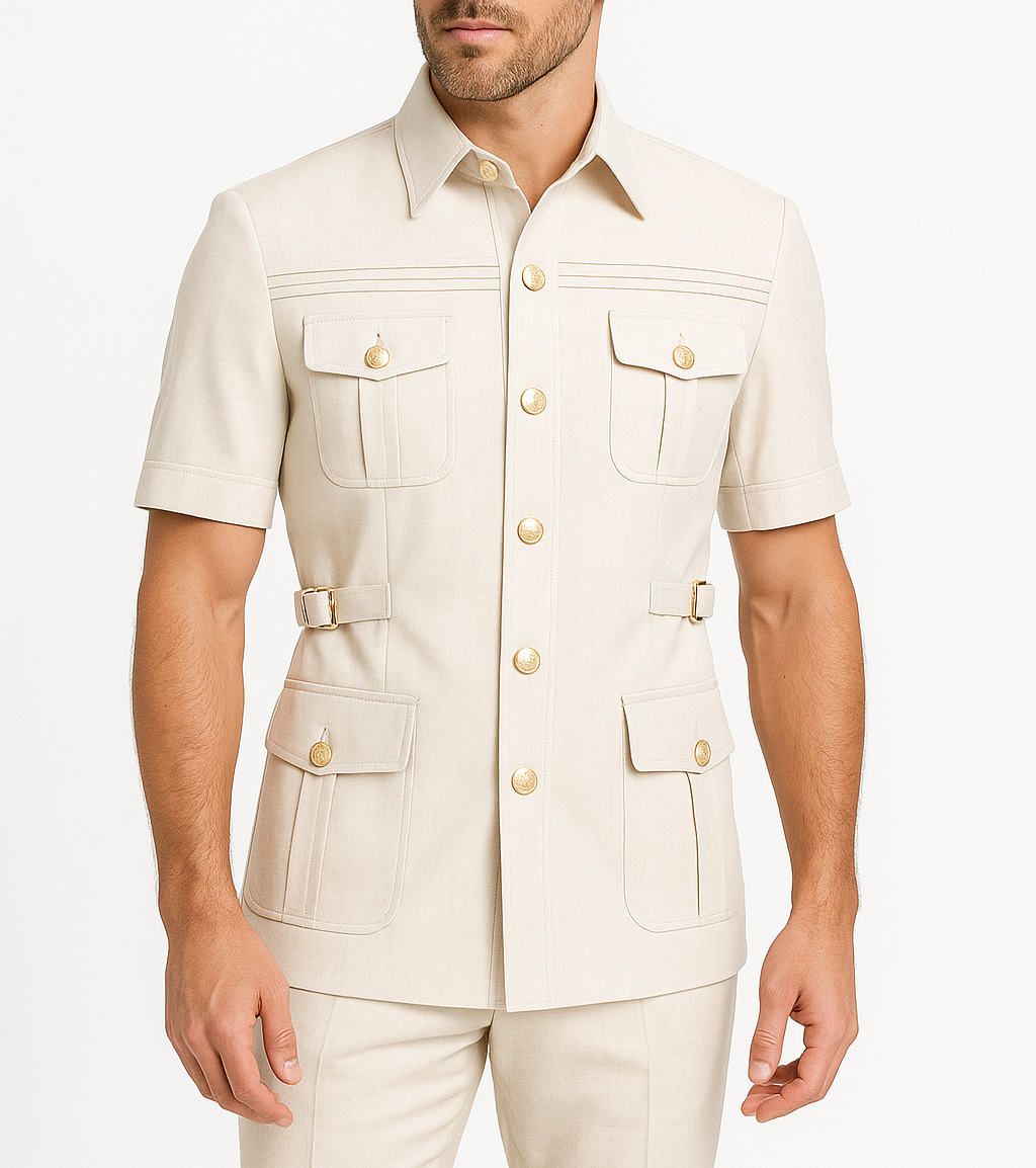 Man wearing a beige short-sleeve shirt with button details on a white background