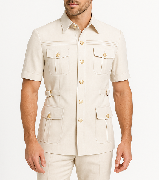 Man wearing a beige short-sleeve shirt with button details on a white background