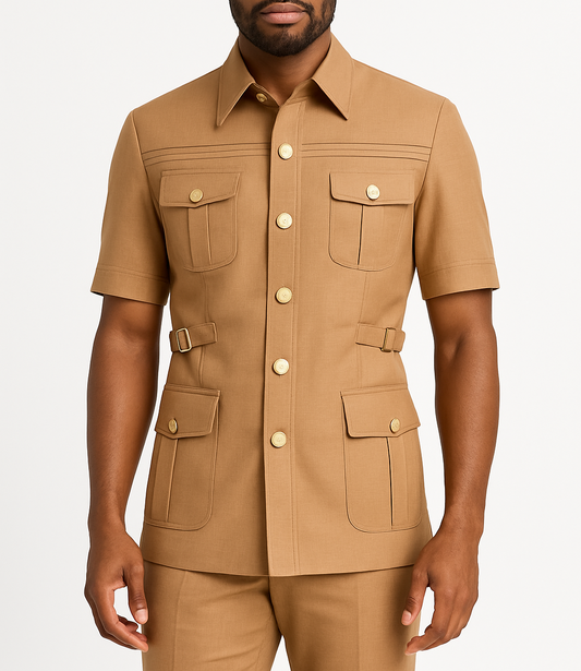 Man wearing a beige short-sleeve shirt with button details on a white background