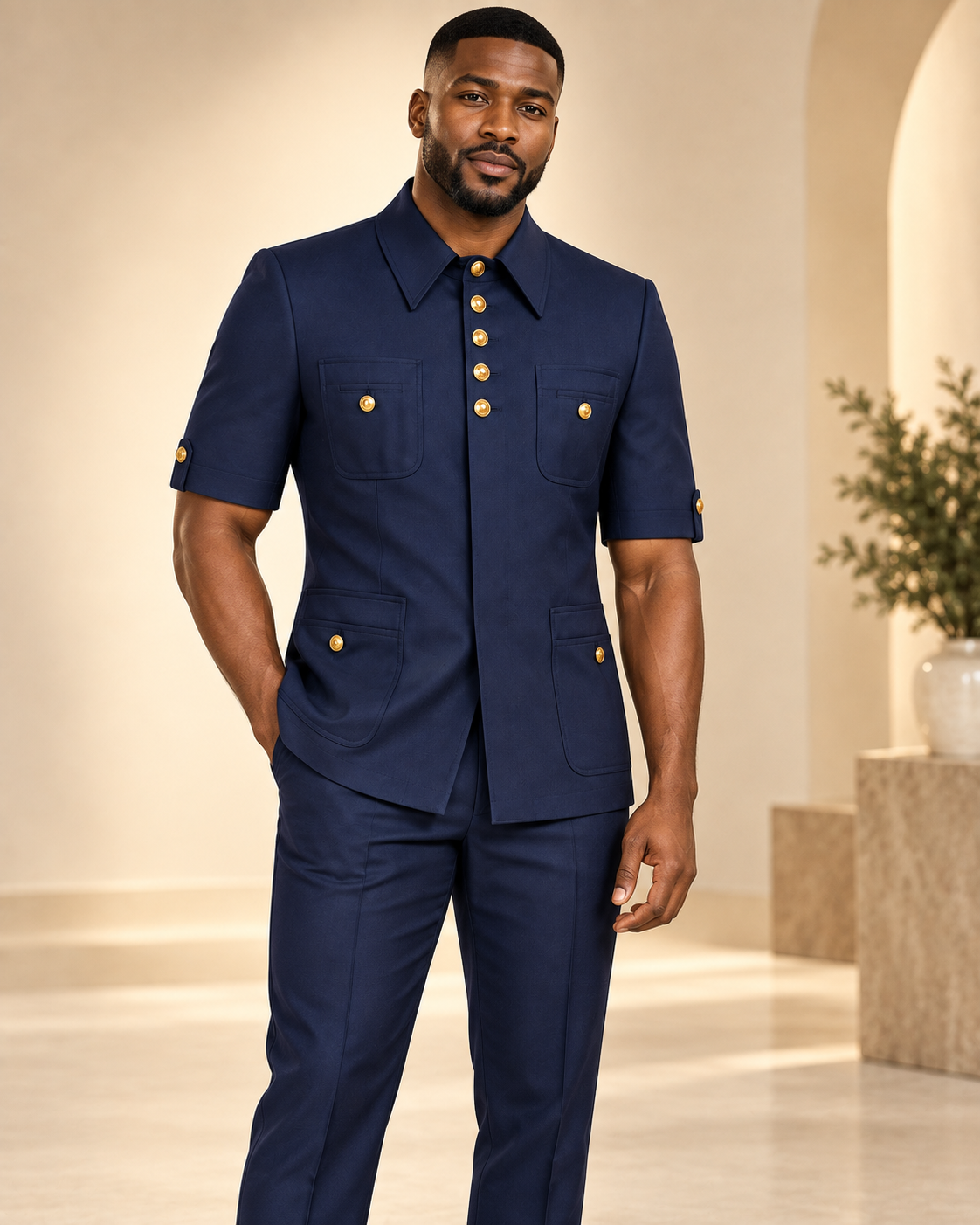 Navy Blue New Sovereign Short Sleeves Safari Suit