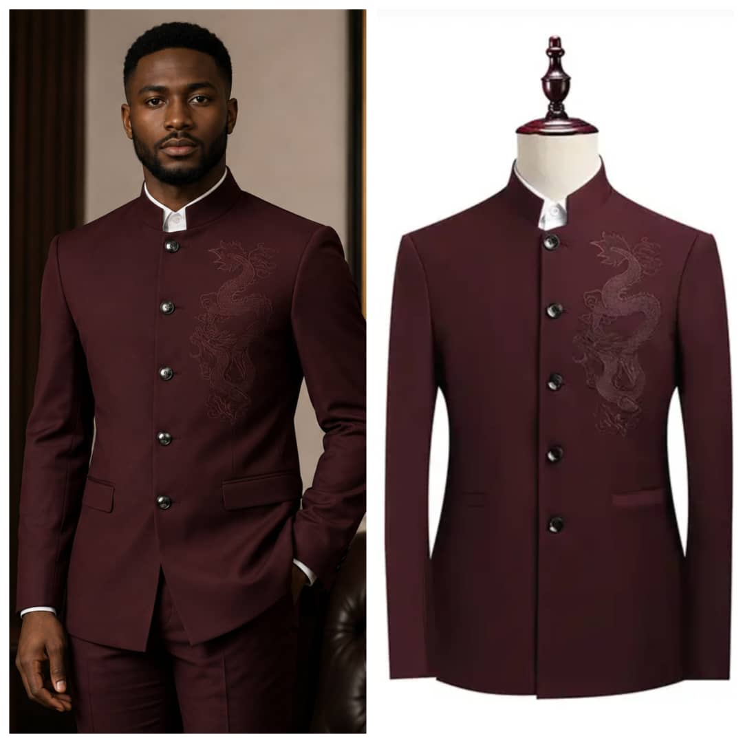 Japanese Style Round Neck Safari Suit- Burgundy Colour