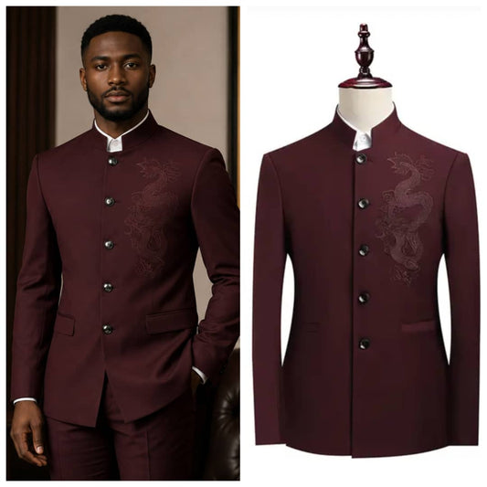 Japanese Style Round Neck Safari Suit- Burgundy Colour