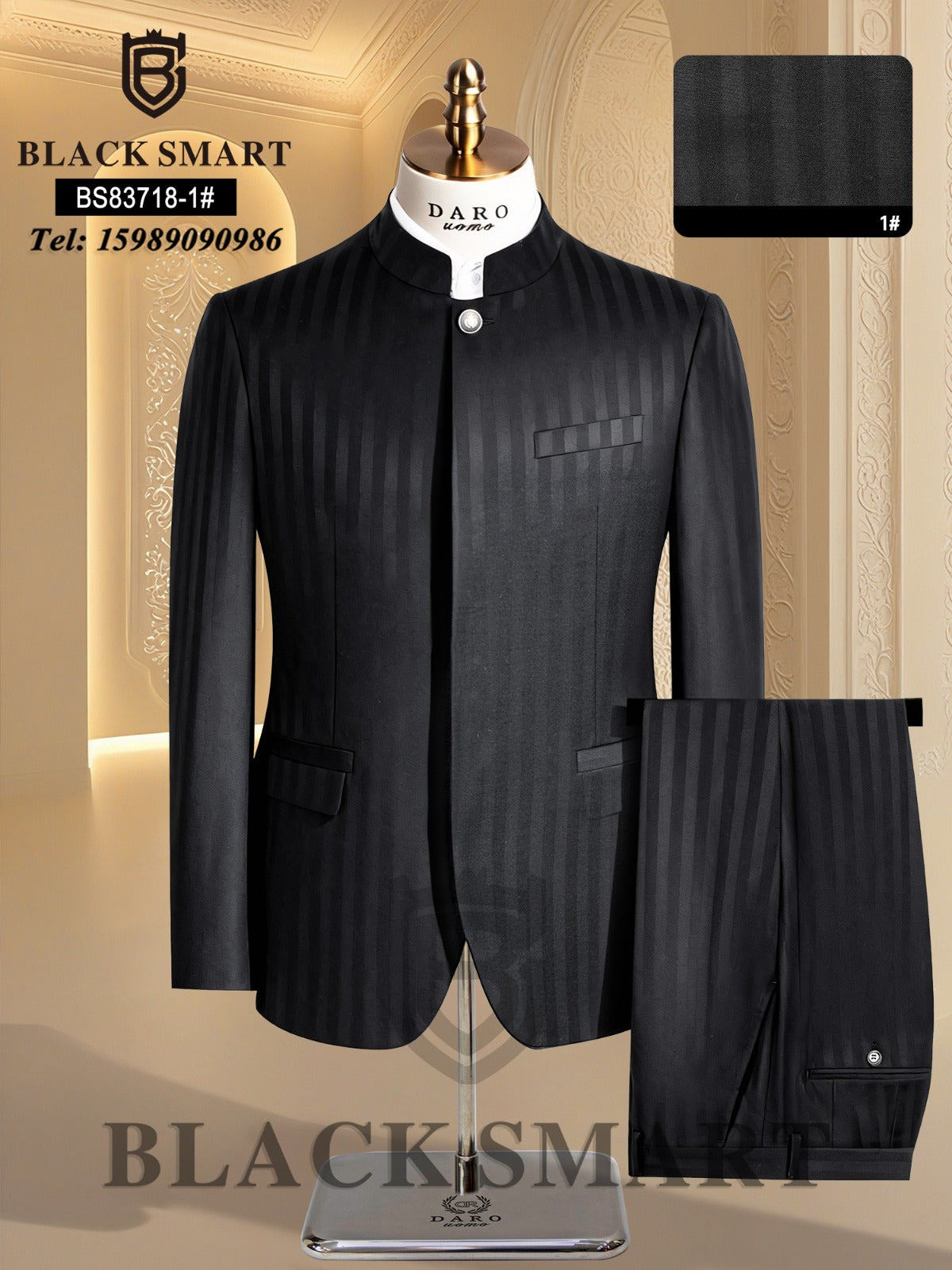 Patterned Round Collar Safari Suit- Black Colour